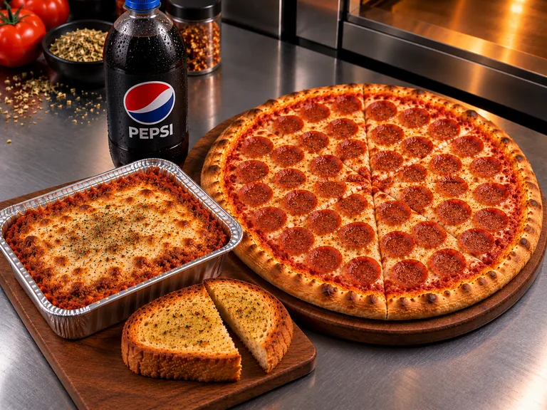 Combo Mixto NOI: pizza, lasaña boloñesa, pan tostado y Pepsi