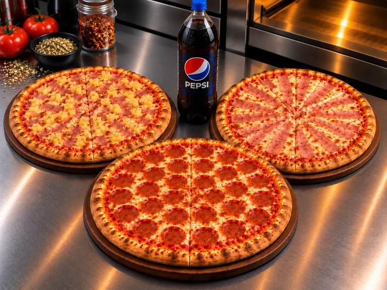 Triple Box NOI: tres pizzas de Pepperoni, Hawaiana y Jamón con Pepsi